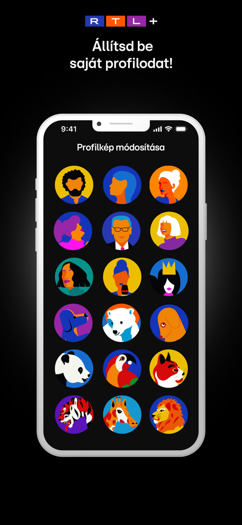 RTL+ Magyarország - Interfaz de la app RTL plus para seleccionar un avatar de perfil de usuario entre una cuadrícula de ilustraciones coloridas