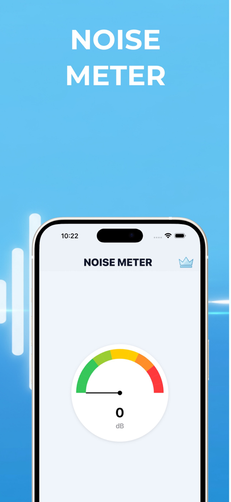 Smartphone screen showing the noise meter and decibel gauge feature of the Clever Speaker Cleaner app