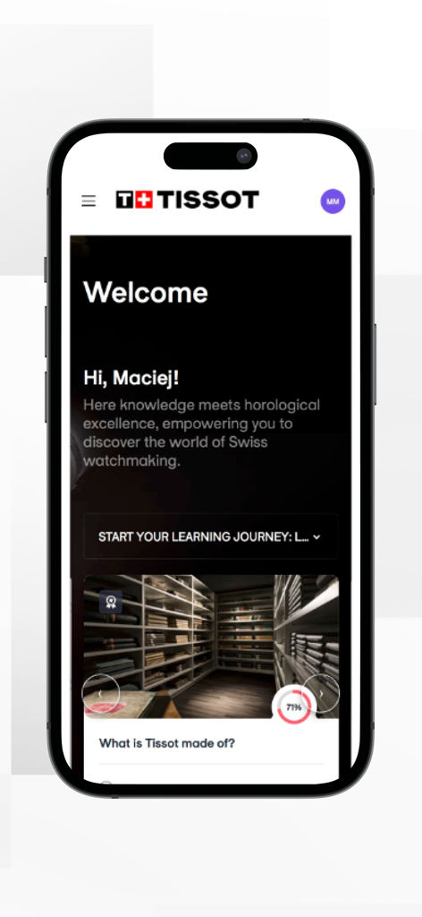 TISSOT Academy - TISSOT Academy app welcome screen for retail training and Swiss watchmaking courses.