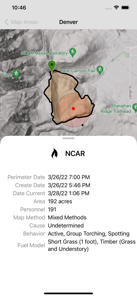 Fireguard Wildfire Tracker - Fireguard Wildfire Tracker app displaying a map of the NCAR fire perimeter in Denver with detailed incident data like area size and fire behavior.