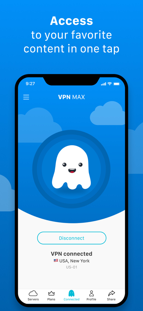 VPN MAX: Super Secure Proxy - Interface do aplicativo móvel VPN MAX mostrando uma conexão segura com um servidor de Nova York, EUA, com um ícone amigável de fantasma.
