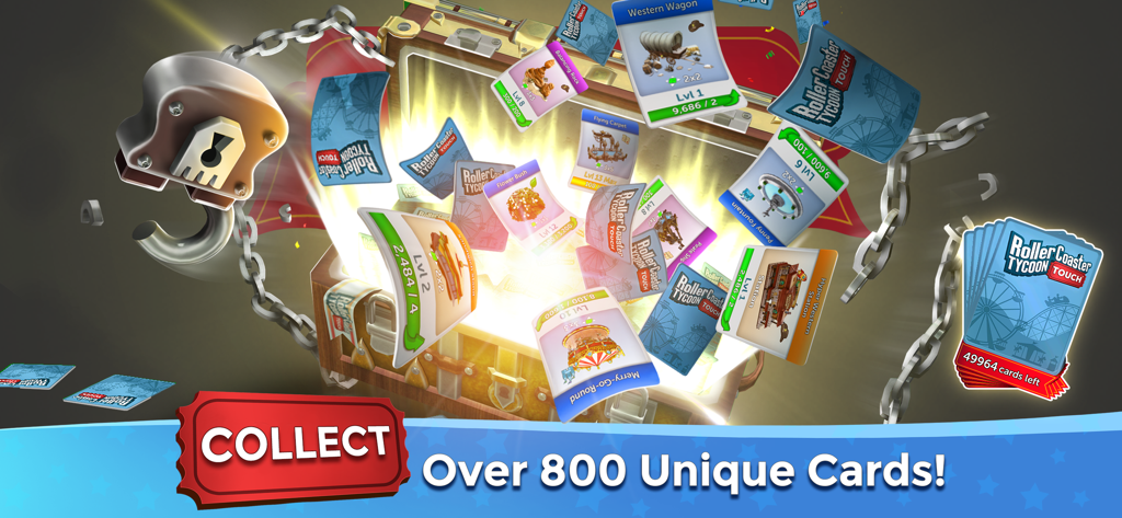 Un forziere aperto con carte collezionabili per le attrazioni del parco divertimenti