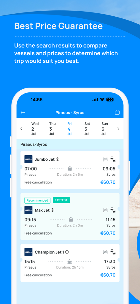Ferryscanner: Book Your Ferry - Ferryscanner App-Oberfläche, die Suchergebnisse und Preisvergleiche für Fährrouten in Griechenland anzeigt