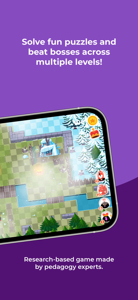 Kahoot! Learn Chess: DragonBox - Captura de pantalla de Kahoot Learn Chess que muestra un nivel de juego nevado con un tablero ajedrezado y objetivos de puzzle