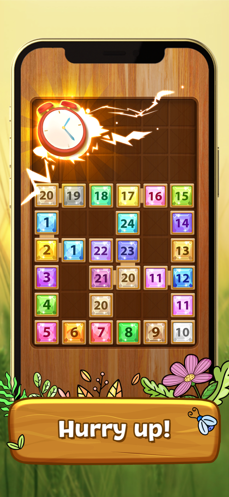 Merge Wood: Block Puzzle - Merge Wood puzzle game screen with numbered gem blocks and an alarm clock timer.