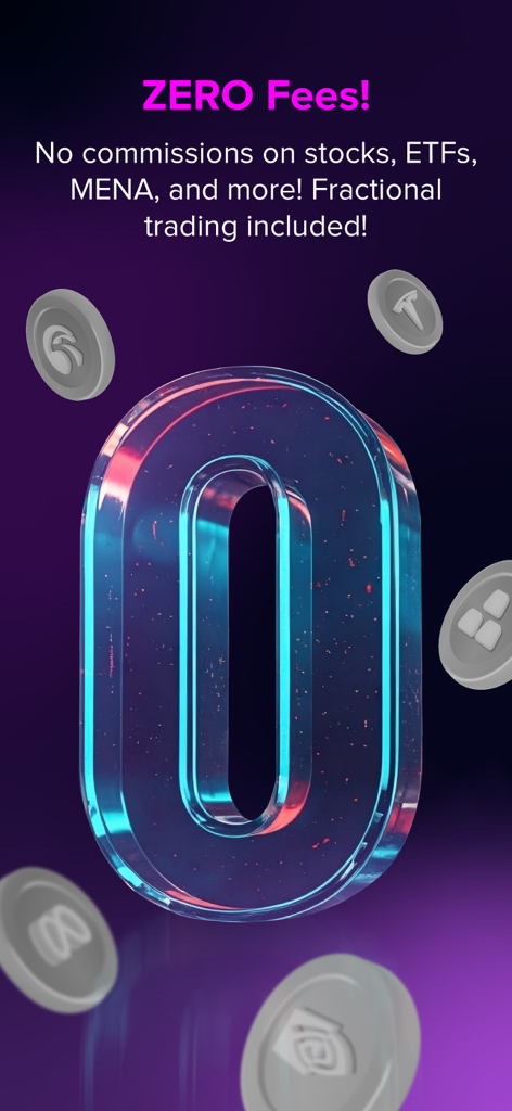 Trading & Investing App: amana - amana取引アプリのプロモーション画面。株、ETF、MENA市場の手数料ゼロを強調