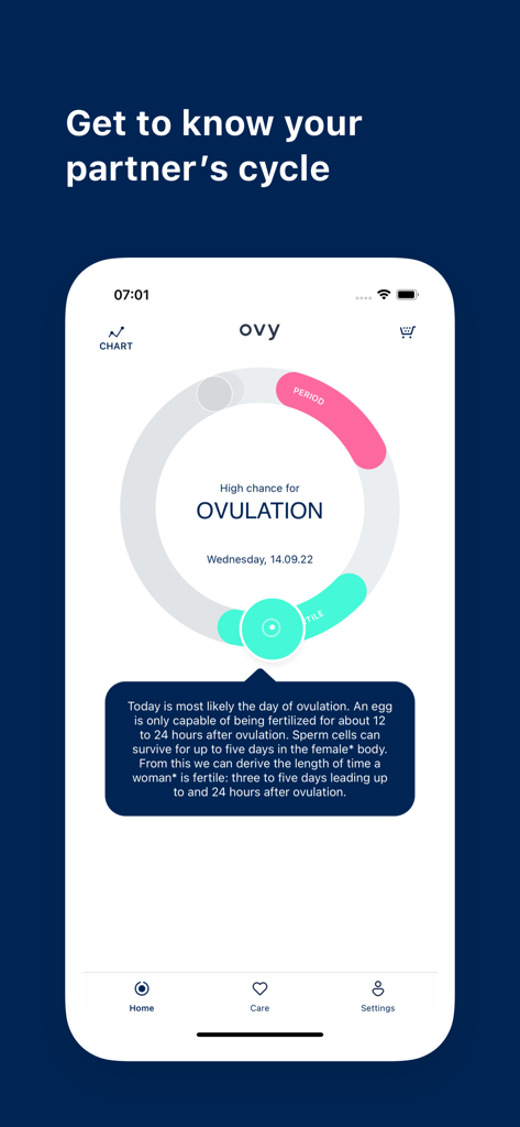 Ovy Partner App - Female Cycle - Ovy Partner App interface showing a circular menstrual cycle chart with ovulation phase and fertile window details