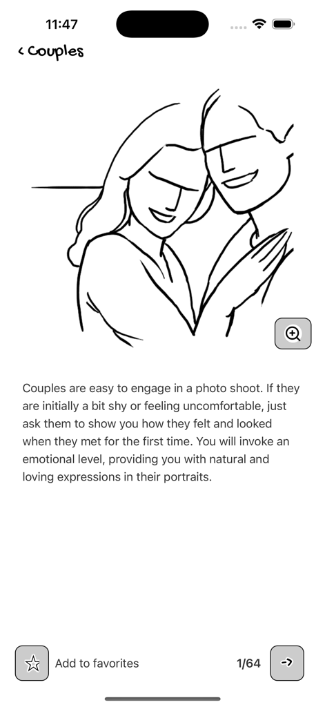 Posing App - Eine Strichzeichnung-Illustration eines lächelnden Paares, das sich mit Fotografie-Tipps in der Posing App positioniert.