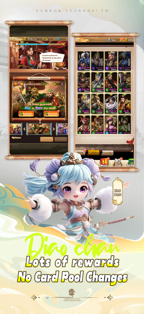 Samkok Legends：TD - Mobile game screenshot showing the character Diao Chan and the hero catalog menu in Samkok Legends TD.