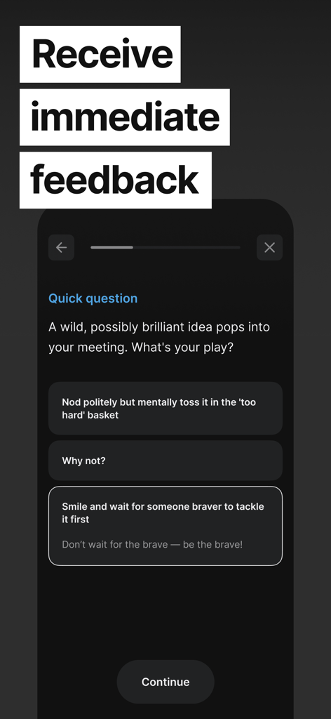Skillsta: Social skill trainer - Skillsta app interface showing a social skill scenario quiz and immediate feedback.