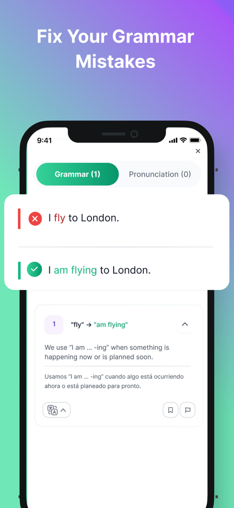LingUp: AI Language Speaking - AI grammar correction screen in the LingUp app showing real-time feedback and grammatical explanations for language learners.