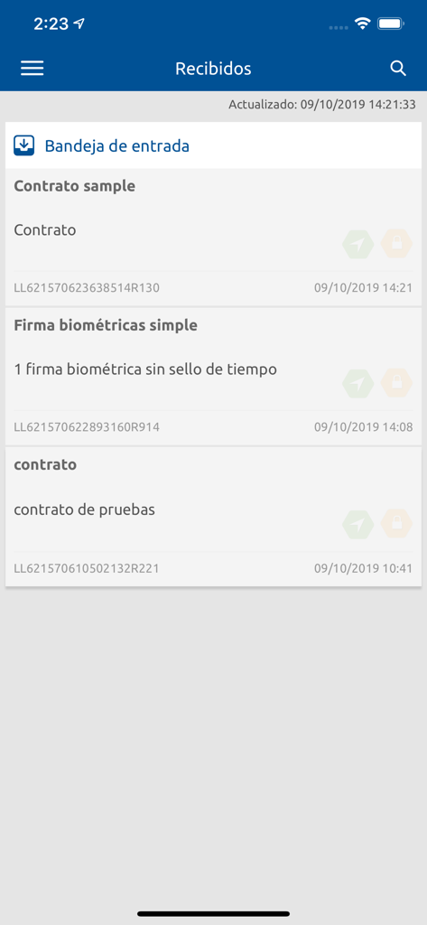 Viafirma Documents app interface showing a list of received digital contracts in the inbox including biometric signature requests