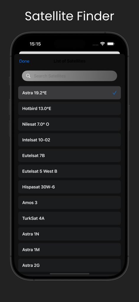 Satellite Finder - DishPointer - A list of available satellites to select from in the Satellite Finder app