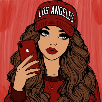 realistic beautiful girl wearing los ángeles cap holding an iphone