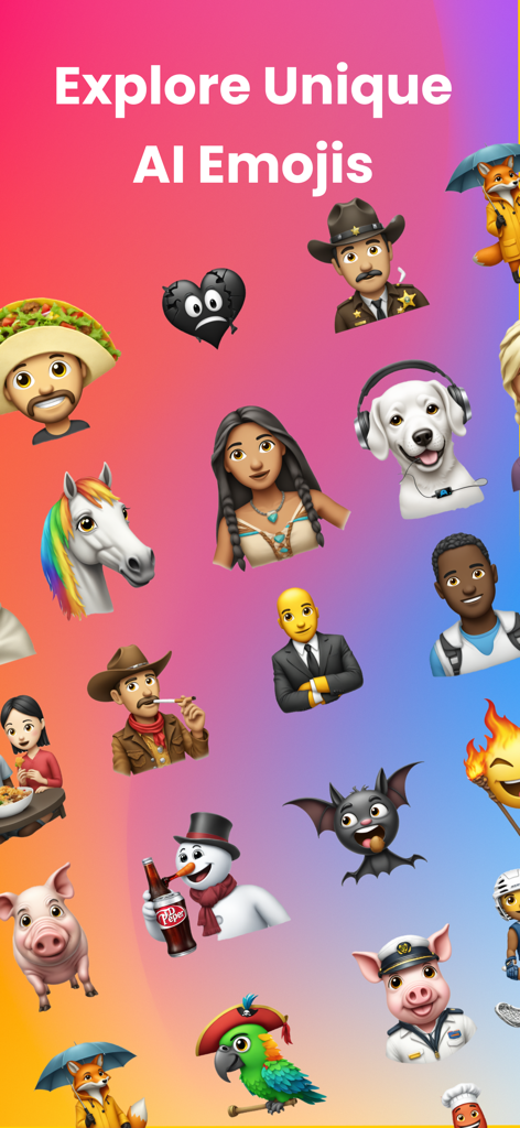 AI Emoji Maker - Playground - A collection of diverse AI-generated emojis including animals, people, and objects displayed on a vibrant background.