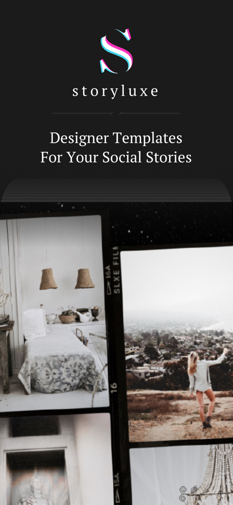 Storyluxe: Templates & Filters - Interfaz de la aplicación Storyluxe mostrando plantillas de tiras de película vintage para historias de redes sociales