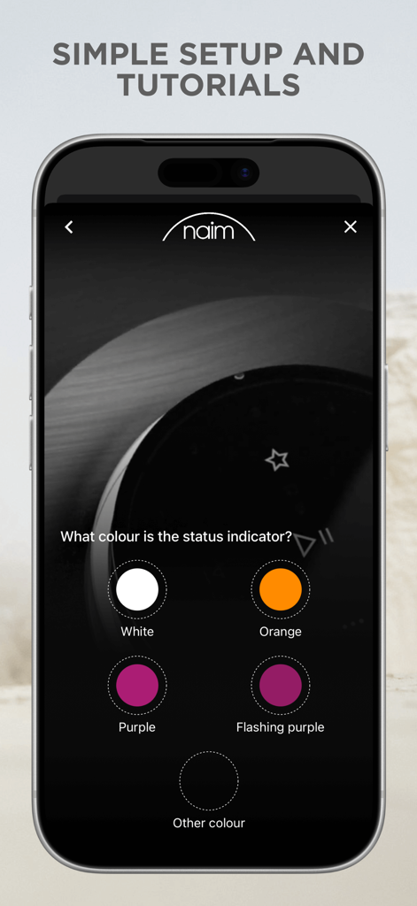 Focal & Naim - Focal and Naim app setup tutorial screen asking to identify the color of the device status indicator