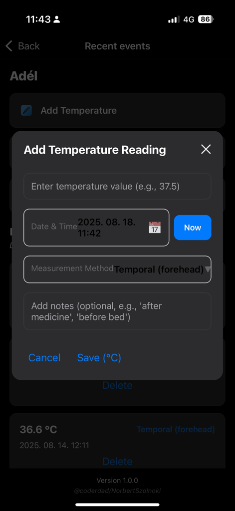 Mobile app interface for adding a temperature reading in Fever Tracker showing input fields for value date time and measurement method