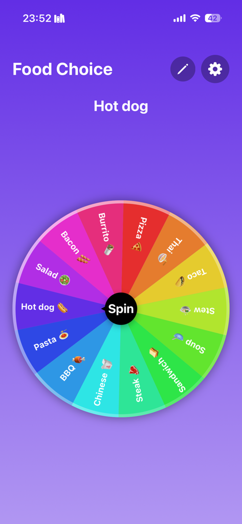 Wheel of Names - Custom Wheel - A colorful spinning wheel interface titled Food Choice with various meal options and Hot dog selected as the result
