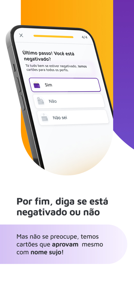 Mobile app screen asking users if they have a negative credit history to recommend suitable credit cards