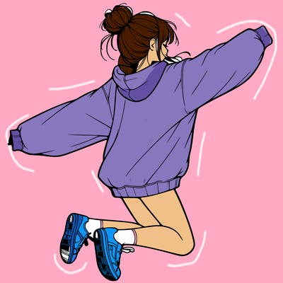 realistic girl jumping with a bun and oversized sweatshirt