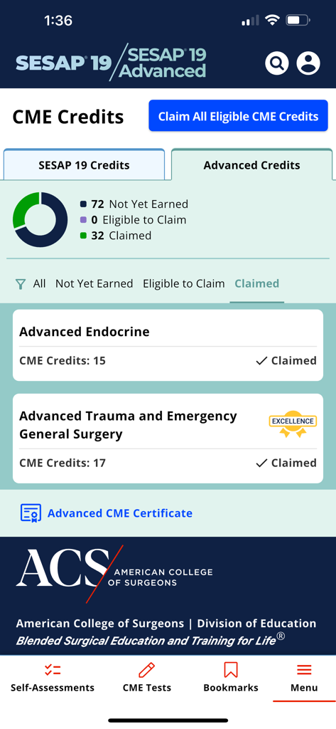 ACS SESAP 19 - Dashboard for tracking CME credits in the ACS SESAP 19 surgical education app