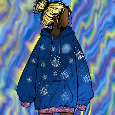 realistic girl with a oversized sweatshirt on and a bun