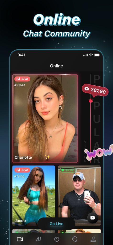 Adult Casual Dating App: AChat - AChat app interface featuring live streaming video chats and user profiles