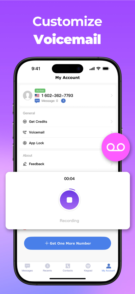 Call Now: 2nd Number Phone App - Interfaz de la aplicación Call Now que muestra cómo grabar un saludo de buzón de voz personalizado para un número de teléfono secundario