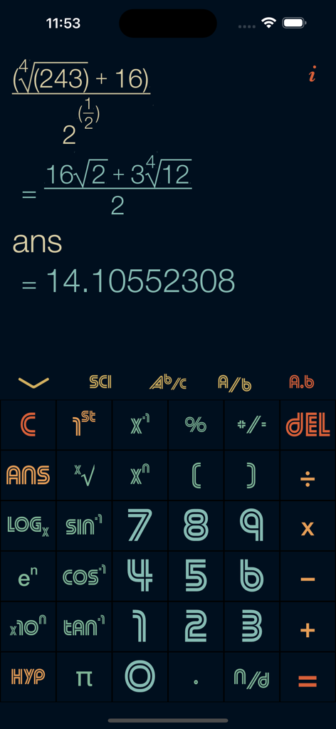 jCalc – Scientific Calculator - jCalc scientific calculator app interface showing advanced mathematical equations and fraction results