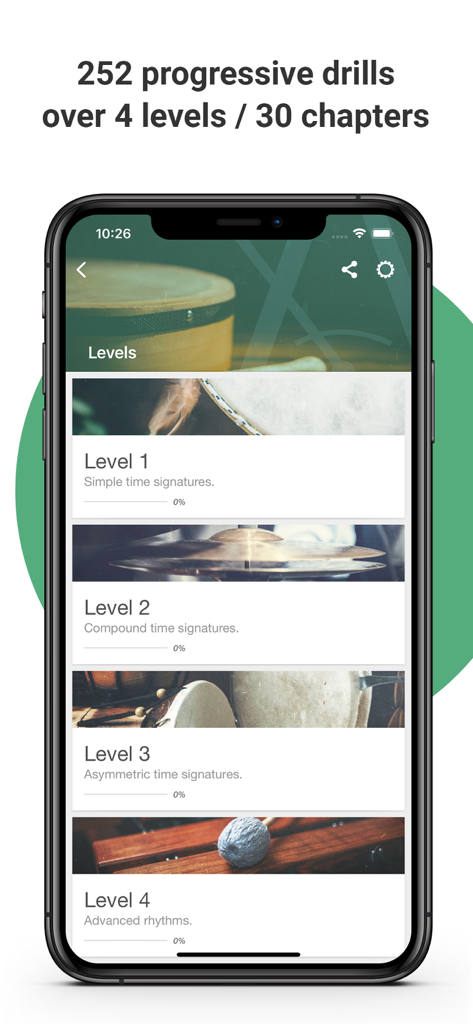 Interface of the Complete Rhythm Trainer app showing four progressive learning levels with 252 drills
