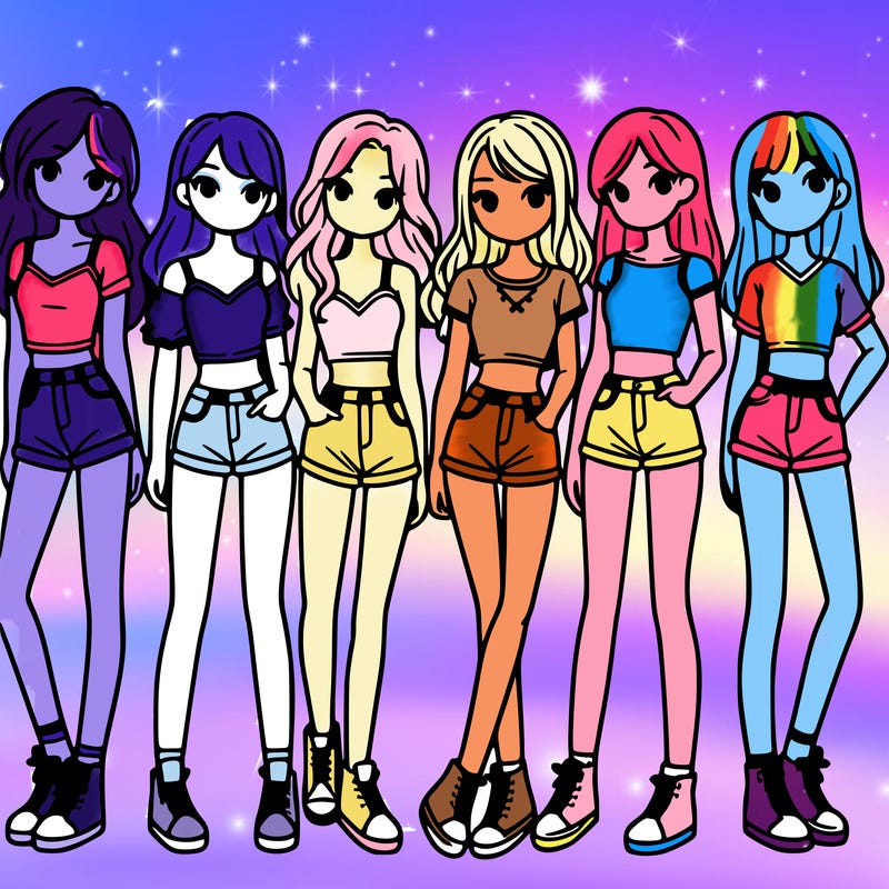a group of girls wearing crop tops and shorts