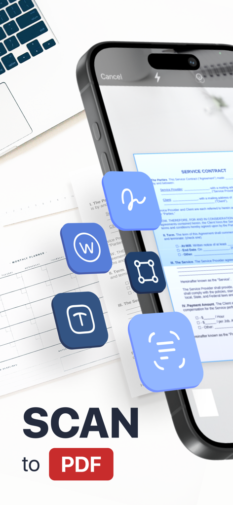 Scan Pro PDF: Document Scanner - Scan Pro PDF app interface scanning a service contract document on an iPhone with feature icons