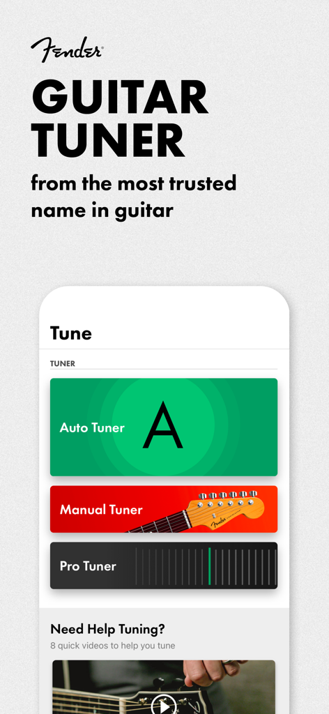 Fender Tune: Guitar Tuner App - Fender Tune app interface showing options for Auto Tuner Manual Tuner and Pro Tuner modes