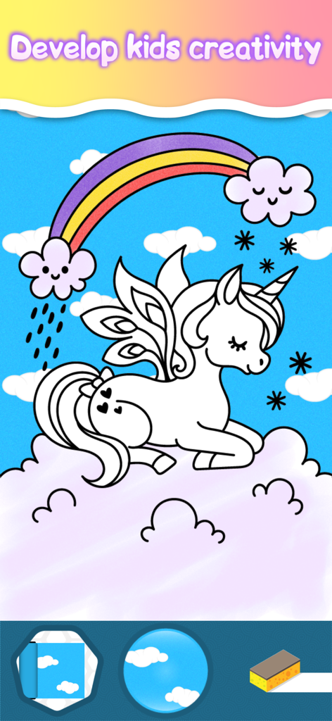 Baby coloring games for girls - Página para colorear de un unicornio con un arcoíris y nubes para la creatividad infantil