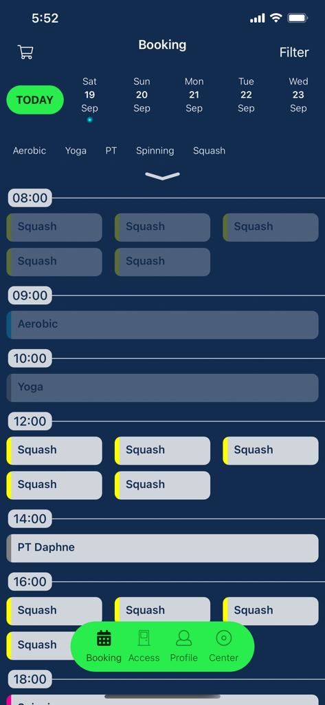 Interfaz para reservar clases de gimnasio y canchas de squash en la aplicación Boost System.