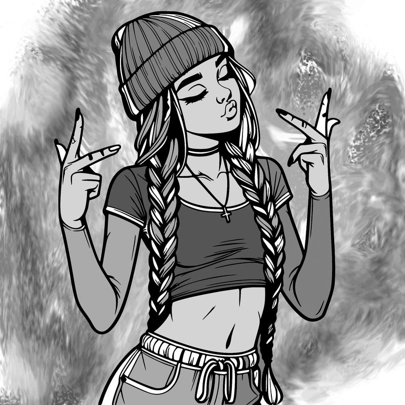 realistic teenage girl with braids and a beanie and crop top doing 🫶🏼