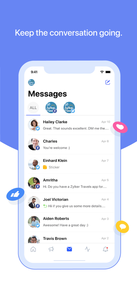 Zoho Social app interface displaying a unified message inbox for managing social media engagement