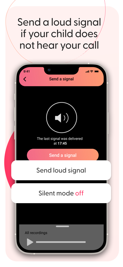 Interface of the Kid Security app showing the feature to send a loud signal to a childs phone even on silent mode