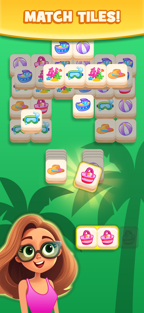 Captura de pantalla del juego de Tile Tap Master combinando fichas de playa de verano