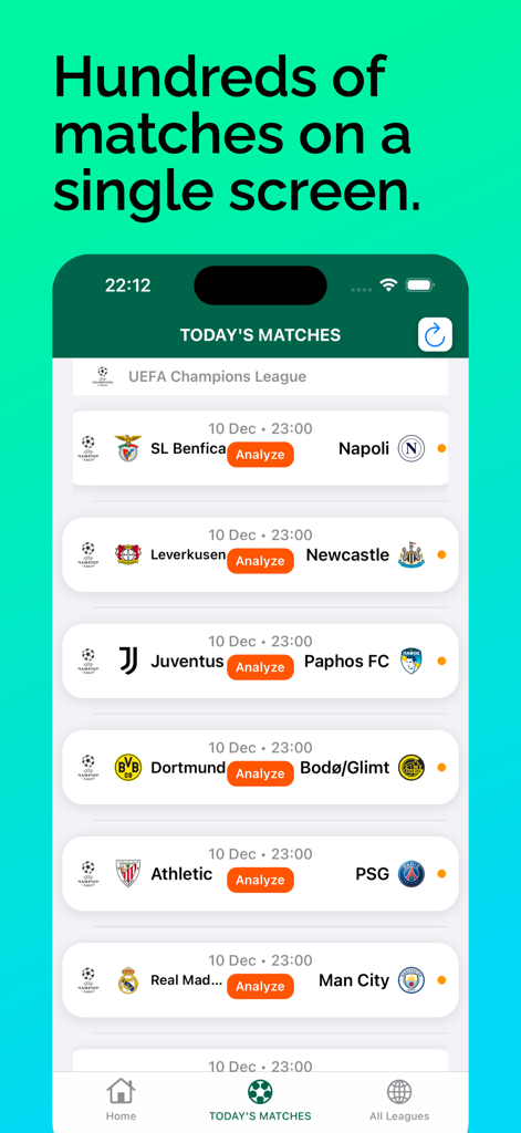 Screenshot of the ZAP app showing today's football matches and analysis buttons.