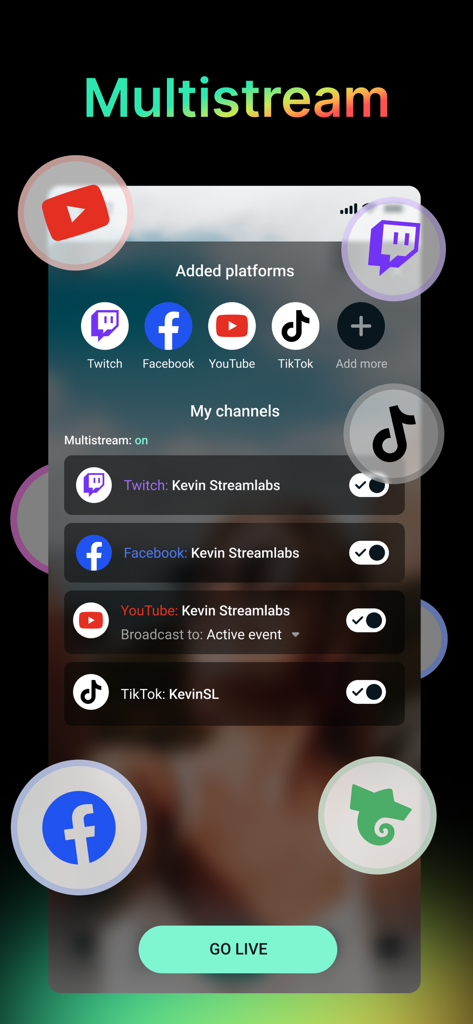 Streamlabs: Live Streaming App - Interface of Streamlabs app showing multistreaming options for Twitch, Facebook, YouTube and TikTok with a Go Live button.