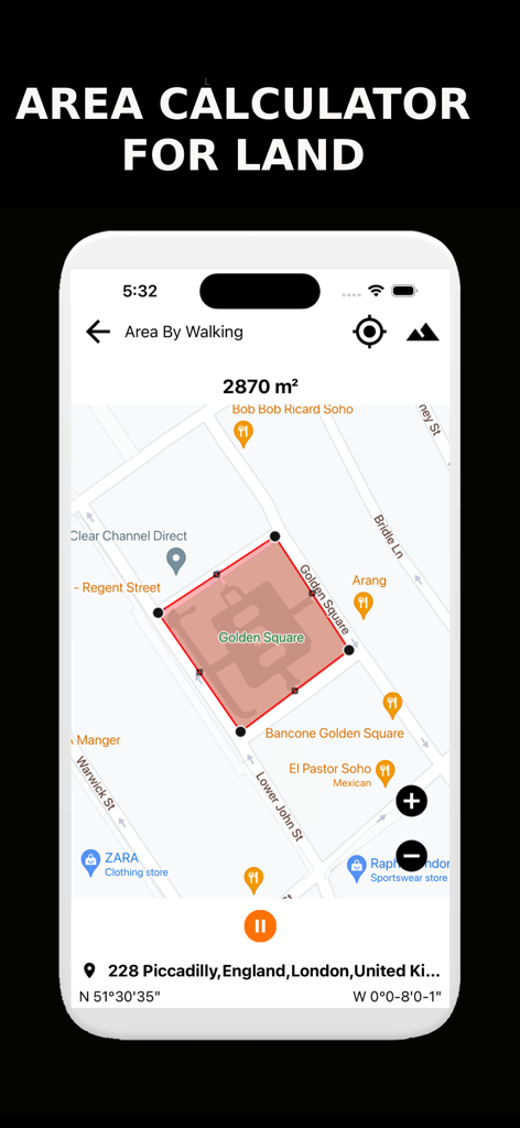 Location Maps - Measure Map - Interfaz de aplicación móvil que muestra una medición de área de tierra de 2870 metros cuadrados en un mapa callejero