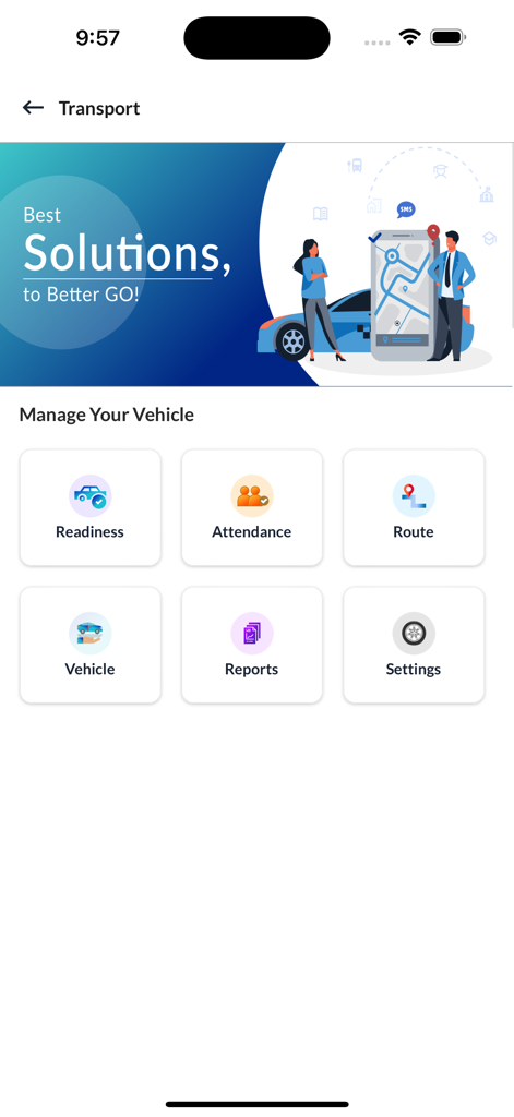 Proctur-Class Management App - Proctur app transport management dashboard showing options for vehicle readiness, attendance, route tracking, and reports.