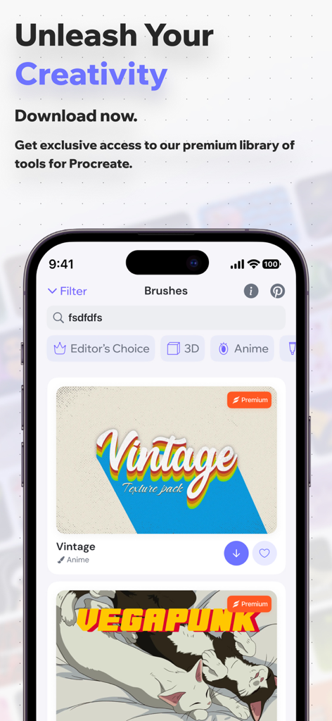 Brushes Lab for Procreate - Procreate用ブラシラボアプリに、ビンテージテクスチャパックとアニメデジタルアートリソースのライブラリが表示されています
