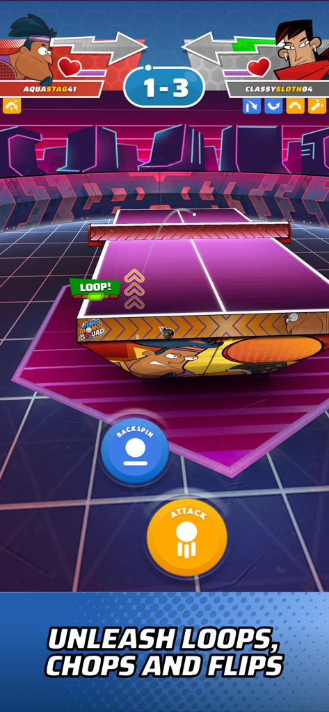 Ping Pong Squad - Ping Pong Squad mobile game screen showing a table tennis match with neon graphics and shot controls.