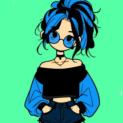 girl with a messy ponytail glasses a baggy crop top and jean shorts