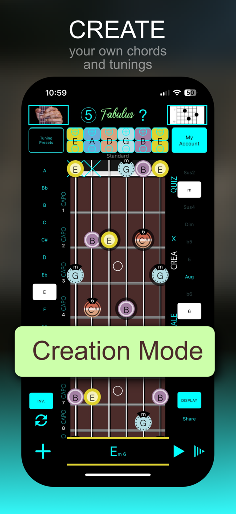Guitar Chord Finder Fretboard - Interface do aplicativo Guitar Chord Finder mostrando o Modo de Criação para projetar acordes de guitarra personalizados em uma escala digital