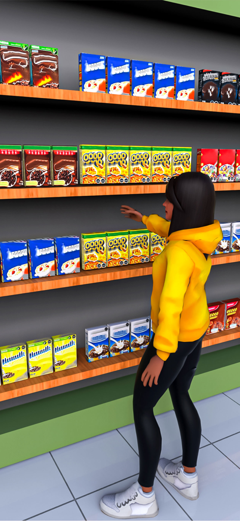 Pregnant Emergency Surgery Sim - Un personaje con una sudadera amarilla cogiendo cajas de cereales en una simulación de supermercado.