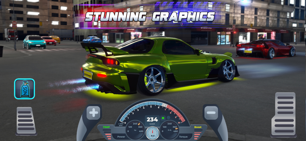 A lime green sports car with neon underglow racing through city streets at night in Drag Sim 2